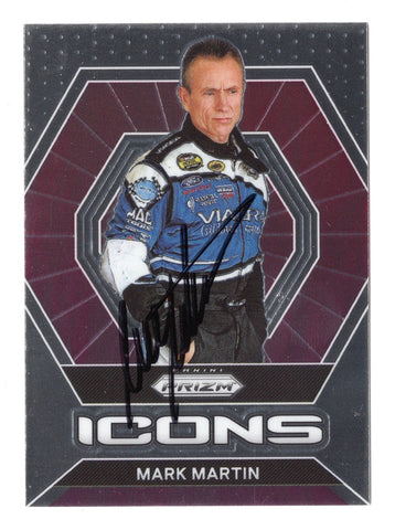 Autographed Mark Martin 2022 Panini Prizm Racing ICONS NASCAR Trading Card showcasing the #6 Viagra Team design, an exclusive collectible for racing fans.