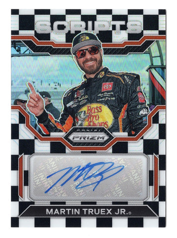 AUTOGRAPHED Martin Truex Jr. 2023 Panini Prizm Racing SCRIPTS Checkered Flag NASCAR Card #13/50, authenticated by Panini America Inc. Includes a lifetime authenticity guarantee, making it a fantastic collectible or gift for any NASCAR enthusiast.