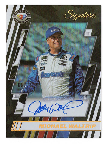 AUTOGRAPHED Michael Waltrip 2023 Panini Donruss Racing SIGNATURES NASCAR 75th Anniversary Insert Card #66/75, authenticated by Panini America Inc. Comes with a lifetime authenticity guarantee, making it a significant gift for NASCAR fans and collectors.