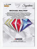 Limited edition Michael Waltrip signed NASCAR card from the 2023 Panini Donruss Racing 75th Anniversary series, number 66 out of 75. Authenticated by Panini America Inc. with a lifetime guarantee, this card is a perfect collectible or thoughtful gift for motorsport enthusiasts.