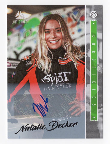 AUTOGRAPHED Natalie Decker 2023 Panini Chronicles Racing Luminance NASCAR Card sponsored by Splat Hair Color, authenticated by Panini America Inc., with a lifetime authenticity guarantee. An outstanding gift for NASCAR fans and a prized collectible.