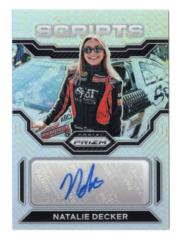 AUTOGRAPHED Natalie Decker 2023 Panini Prizm Racing SCRIPTS Silver Prizm Insert Signed NASCAR Card, certified by Panini America Inc. Comes with a lifetime guarantee on authenticity, making it a perfect addition to any NASCAR collection or as a special gift.