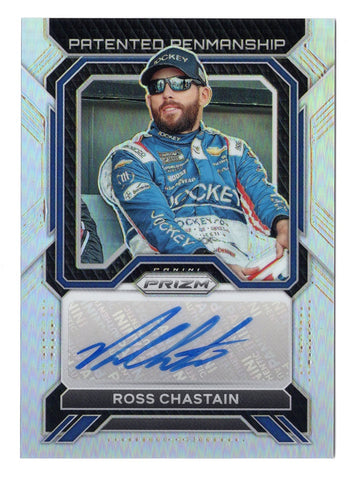 AUTOGRAPHED Ross Chastain 2023 Panini Prizm Racing PATENTED PENMANSHIP Silver Prizm NASCAR Card, certified by Panini America Inc. Features a lifetime authenticity guarantee, making it a superb addition to any collection or a thoughtful gift for racing fans.