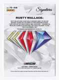 Rusty Wallace signed NASCAR 75th Anniversary card from the 2023 Panini Donruss Racing series, certified authentic by Panini America Inc. and backed by a lifetime guarantee. An ideal collectible or gift, celebrating a milestone in NASCAR history.