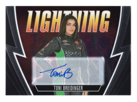 AUTOGRAPHED Toni Breidinger 2023 Panini Chronicles Racing Lightning Prizm NASCAR Card, verified by Panini America Inc., with a lifetime authenticity guarantee. A striking addition to any collection and a thoughtful gift for NASCAR enthusiasts.
