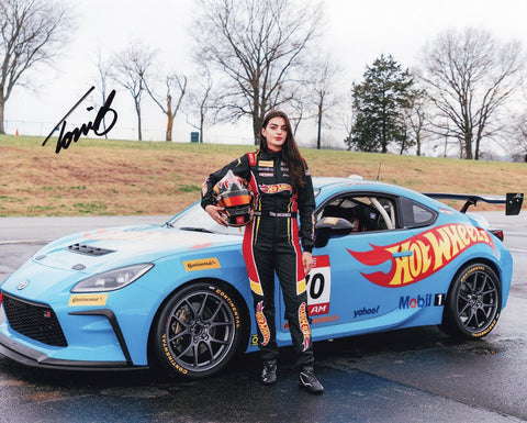 Autographed Toni Breidinger 2023 Toyota Racing HOT WHEELS Car NASCAR Photo - Close-up view of Toni Breidinger's signature on the picture.