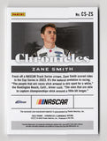 Limited edition Zane Smith NASCAR insert card from the 2023 Panini Chronicles Luminance series, featuring a race-used piece, number 06/10. Authenticated by Panini with a lifetime authenticity guarantee, making it a valuable gift for collectors and racing fans.