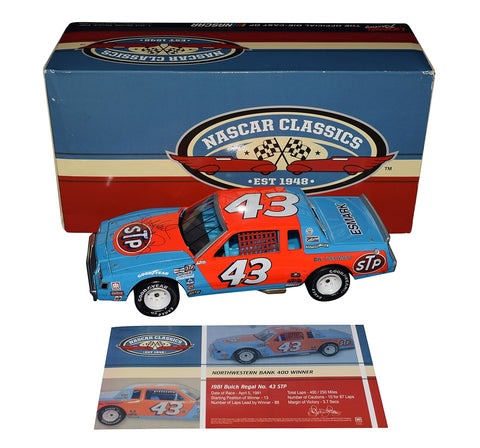 Autographed 1981 Richard Petty #43 STP Racing North Wilkesboro Win diecast car. This collectible, signed through exclusive signings and HOT Pass garage access, includes a Certificate of Authenticity and our lifetime authenticity guarantee. Ideal gift for NASCAR fans and collectors.