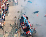 Autographed image of Richard Petty’s violent 1988 Daytona 500 crash, showing the #43 STP car mid-air during one of the most shocking wrecks in NASCAR history.