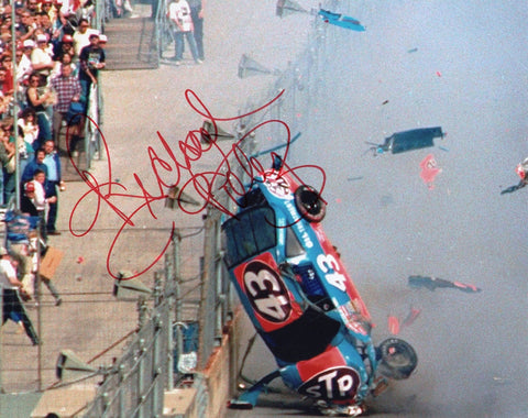 Signed 8x10 photo of Richard Petty’s 1988 Daytona wreck showing the #43 car mid-air. Captures a powerful and historic NASCAR crash, perfect for collectors and fans.