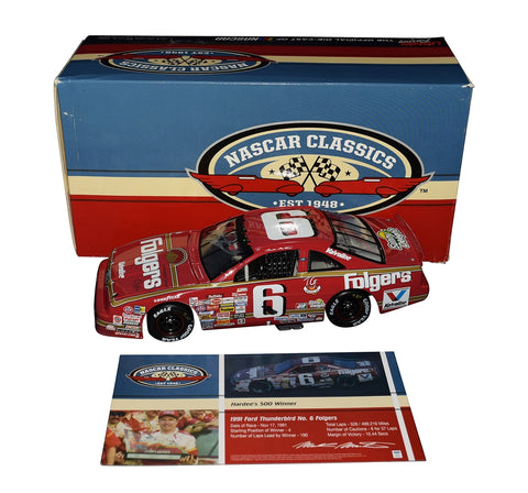 This autographed 1/24 scale diecast of Mark Martin’s 1991 #6 Folgers Racing car celebrates his thrilling Atlanta win. Only 516 of these models were made, each with race-specific details and a COA. A rare collectible with a lifetime authenticity guarantee—ideal for NASCAR fans or collectors!