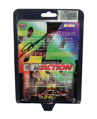 Autographed 1998 Jeff Gordon #24 DuPont Racing CHROMALUSION 1/64 scale diecast car. Featuring a unique color-shifting paint job, this rare collectible comes with a Certificate of Authenticity (COA). A perfect gift for any NASCAR enthusiast or diecast collector.