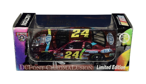 Autographed 1998 Jeff Gordon #24 DuPont Racing CHROMALUSION 1/64 scale diecast car. This rare collectible features stunning color-shifting details, a must-have for any NASCAR enthusiast. Comes with Certificate of Authenticity (COA) and makes a great gift for collectors.