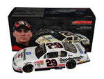 Autographed 2001 Kevin Harvick #29 White Goodwrench Dale Sr. Tribute diecast, featuring black numbers and detailed tribute decals. Signed by Harvick and Childress, with COA and lifetime authenticity guarantee.