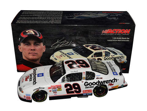 Autographed 2001 Kevin Harvick #29 White Goodwrench Dale Sr. Tribute diecast, featuring black numbers and detailed tribute decals. Signed by Harvick and Childress, with COA and lifetime authenticity guarantee.