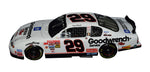 Signed 2001 Kevin Harvick #29 rookie season White Goodwrench Dale Sr. Tribute diecast car, with black numbers and intricate detailing. Includes COA and lifetime authenticity guarantee for collectors.