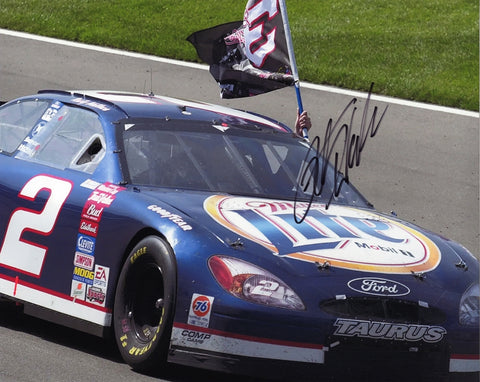 Rusty Wallace 2001 California Speedway victory photo, signed and commemorating the tribute to Dale Earnhardt Sr. Comes with Certificate of Authenticity, ideal for NASCAR fans.