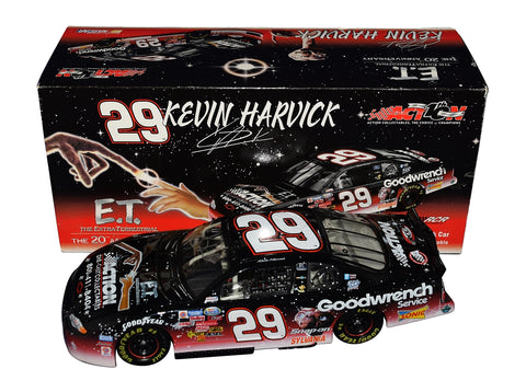 Autographed 2002 Kevin Harvick #29 Goodwrench E.T. Movie Busch Series diecast car, featuring unique E.T. movie-inspired design. Signed by Harvick with COA and lifetime authenticity guarantee.