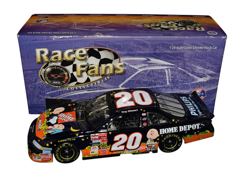 Autographed 2002 Tony Stewart #20 Home Depot "Search for the Great Pumpkin" diecast car with vibrant RFO color chrome finish. One of only 2,508 produced, includes COA and lifetime guarantee.