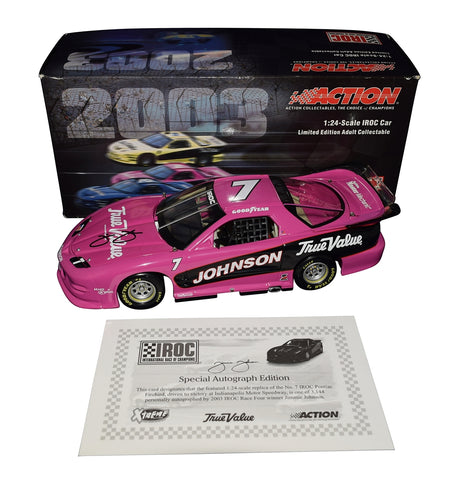 This autographed 1/24 scale diecast of Jimmie Johnson's 2003 #7 True Value IROC Series Brickyard Win is one of only 3,144 produced. Featuring Johnson's signature and exceptional detail, it includes a Certificate of Authenticity, making it a rare and valuable addition to any NASCAR collection.