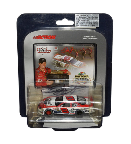 Autographed 2004 Dale Earnhardt Jr. #8 Budweiser Daytona 500 Win Raced Version 1/64 scale diecast car. This collectible features race-worn details and a COA, perfect for any NASCAR fan or diecast collector. A great gift for fans of Dale Jr.'s historic win.