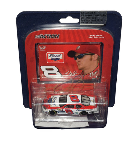 Autographed 2004 Dale Earnhardt Jr. #8 Budweiser Born on Date Daytona Car 1/64 scale diecast. This collectible celebrates Dale Jr.'s legacy with his birthdate (Feb. 7th) and comes with a Certificate of Authenticity (COA). A great gift for NASCAR fans.