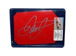 A detailed view of the 2004 Dale Earnhardt Jr. #8 Budweiser Racing race-used sheet metal, featuring a signature from Dale Jr. This rare red DEI car piece is perfect for collectors.