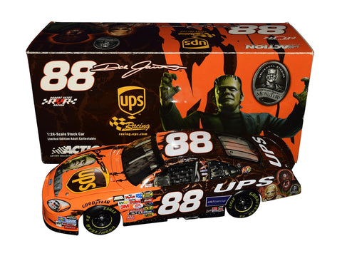 Autographed 2004 Dale Jarrett #88 UPS Racing Diecast Car featuring Frankenstein from Universal Studios Monsters. Vintage 1/24 scale collectible signed by Dale Jarrett. Limited to 3,000 pieces. Iconic combination of racing and classic horror. Great gift for NASCAR and movie monster fans.