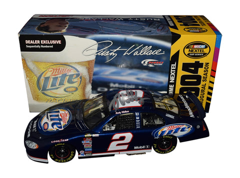 This autographed 1/24 scale diecast of Rusty Wallace’s 2004 #2 Miller Lite Racing NEXTEL Inaugural Season car is limited to only 2,004 units. Signed by Wallace and featuring a Certificate of Authenticity, this rare collectible is a must-have for NASCAR fans and diecast collectors alike.