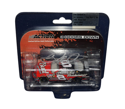 This autographed 2005 Dale Earnhardt Jr. #8 Budweiser 3 Doors Down Chevy Rock & Roll 1/64 scale diecast car combines NASCAR and rock music. Signed by Dale Jr., it features the iconic Budweiser livery and includes a Certificate of Authenticity (COA).