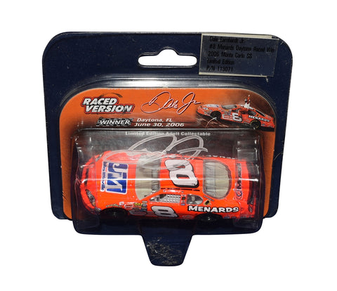 Celebrate Dale Earnhardt Jr.'s legendary Daytona Busch Series win with this autographed 2006 #8 Menards Racing diecast. Signed by Dale Jr., it’s a must-have for NASCAR fans and collectors, featuring race-specific details and a COA.