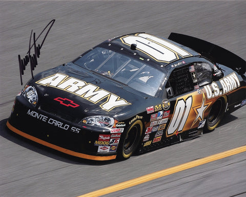 Autographed 2007 Mark Martin Daytona 500 photo, showing his #01 U.S. Army Racing car in action. Includes COA for authenticity, ideal for NASCAR fans and collectors.