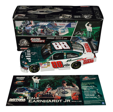 A close-up view of the autographed 2008 Dale Earnhardt Jr. #88 AMP Racing Daytona Twin 150 Win diecast, signed by Dale Jr. This limited edition raced version diecast captures the excitement of the Daytona Twin 150 and is one of only 8,888 produced, making it a must-have for NASCAR collectors.