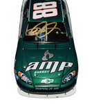 A front angle view of the 2008 Dale Earnhardt Jr. #88 AMP Racing Daytona Twin 150 Win diecast, signed by Dale Earnhardt Jr. This highly detailed raced version diecast car is one of only 8,888 made, making it a rare collectible. It’s perfect for adding to any NASCAR fan's collection.