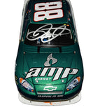 A front angle of the autographed 2008 Dale Earnhardt Jr. #88 AMP Racing Michigan Win diecast, displaying the intricate raced version details. With only 5,606 units made, this signed 1/24 scale diecast car is a rare collectible that NASCAR fans will treasure.