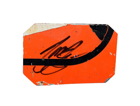 2008 Tony Stewart #20 Home Depot race-used sheet metal from Michigan Speedway, signed by Stewart. This 3-color JGR collectible is ideal for display and comes with COA for authenticity.