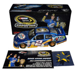 Autographed 2012 Brad Keselowski #2 Miller Lite Championship car diecast. A rare 1/24 scale model signed by the NASCAR champion and complete with confetti.