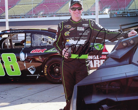 Autographed 2012 Dale Earnhardt Jr. #88 Batman Dark Knight Michigan win photo, showcasing Dale Jr. with the Batmobile post-race. Includes COA for guaranteed authenticity.