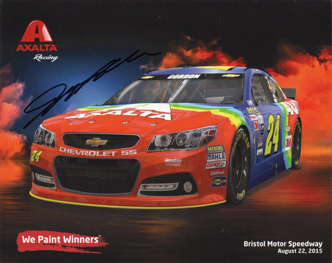 Autographed Jeff Gordon 2015 8x10 Hero Card featuring the Axalta Rainbow Car during the Bristol throwback race. A standout gift for collectors and racing fans alike.