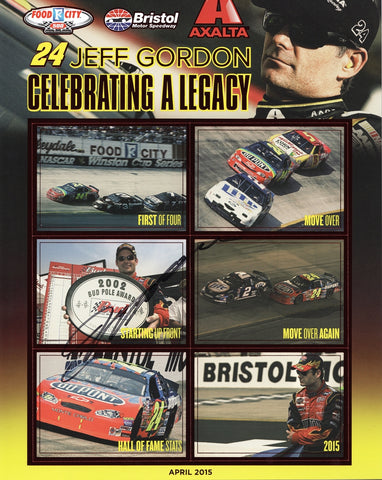 Jeff Gordon autographed 2015 DuPont Racing “Celebrating a Legacy” Hero Card featuring his #24 car at Bristol. A perfect collectible gift for NASCAR fans and enthusiasts.