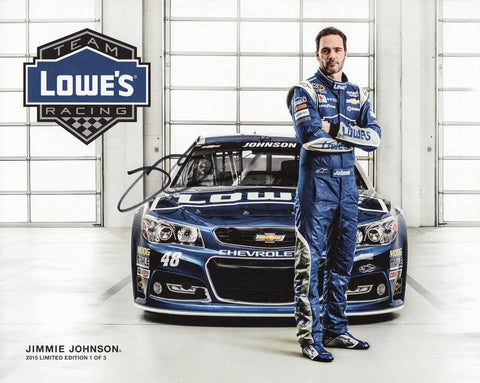 Signed 2015 Jimmie Johnson #48 Lowe’s Racing Hero Card, limited to just 1 of 3 made. This rare 8x10 photo is a valuable collectible for passionate NASCAR fans.