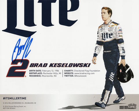 This autographed 8x10 hero card features Brad Keselowski’s #2 Miller Lite Ford from 2016. A great collectible item for Team Penske fans and NASCAR history lovers alike.