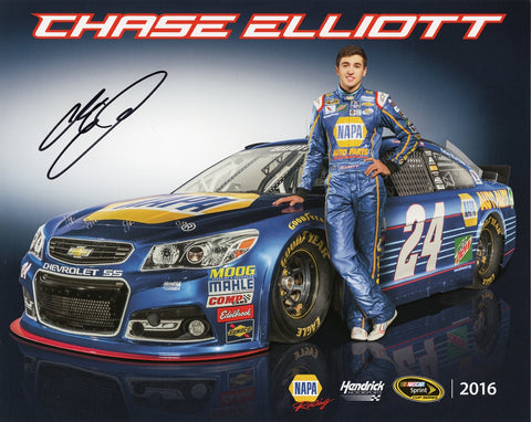 Official 8x10 NASCAR Hero Card featuring Chase Elliott signed during his 2016 rookie season in the #24 NAPA Racing car for Hendrick Motorsports. Comes with COA and makes a great gift for collectors and fans of Elliott’s early career.