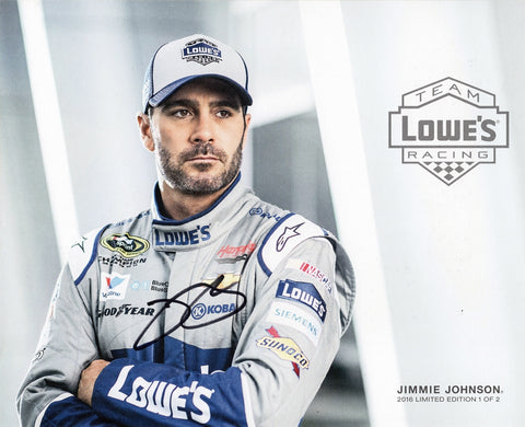 Autographed 2016 Jimmie Johnson #48 Lowe’s Racing Hero Card, limited edition 1 of 2, showcasing Jimmie Johnson in his iconic Lowe’s Chevy. Perfect collectible for NASCAR fans and collectors.