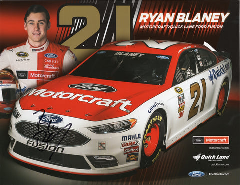 Signed 9x11 inch glossy photo of Ryan Blaney during his 2016 rookie season, driving the #21 Motorcraft Racing car for the Wood Brothers Team. A must-have NASCAR collectible for fans and memorabilia collectors.