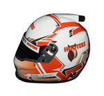 Autographed 2017 Chase Elliott #24 Hooters replica mini helmet shown in full detail, featuring the iconic orange and black Hooters branding. A perfect display piece for NASCAR fans or collectors, complete with an official signature and COA. Makes a fantastic gift for racing enthusiasts of all ages.
