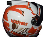 Side view of the Chase Elliott #24 Hooters autographed mini helmet, showing the sleek aerodynamic design and bright sponsor logos. A must-have collector’s piece that makes a thoughtful gift for any racing enthusiast. Reach out with any questions—we're here to assist.