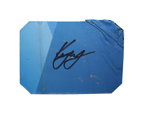 This Kyle Larson autographed 2017 race-used sheet metal piece from the Ganassi Team features a striking blue section and is encased in a toploader for display. A rare NASCAR collectible for fans and collectors, making it an excellent gift for motorsports enthusiasts.