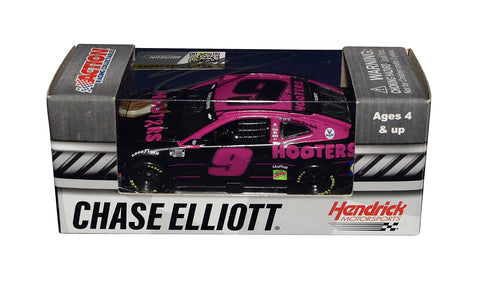 Autographed 2020 Chase Elliott #9 Hooters Pink Racing GIVE A HOOT diecast car. This collectible, signed through exclusive public and private signings with HOT Pass access, includes a Certificate of Authenticity and a lifetime authenticity guarantee. Ideal gift for NASCAR fans and collectors.