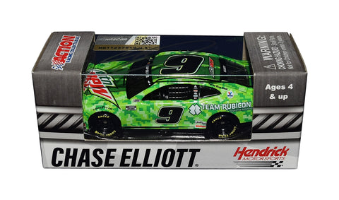 The 2020 Chase Elliott #9 Mountain Dew Racing TEAM RUBICON diecast car, featuring Chase Elliott's signature obtained through exclusive public and private signings. Comes with a Certificate of Authenticity and a lifetime authenticity guarantee.
